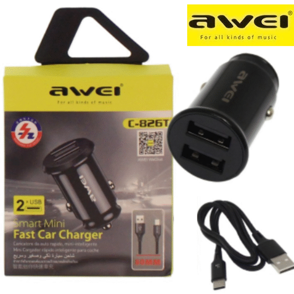 Μίνι φορτιστής αυτοκινήτου 2 USΒ Type C 12V-24V 2.4A μαύρος C-826T AWEI AWEI