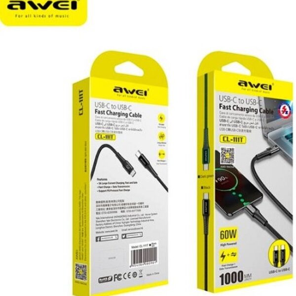 Καλώδιο ταχείας φόρτισης Type-C σε Type-C μαύρο CL-111T AWEI AWEI