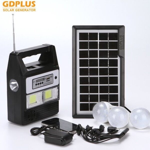Ηλιακό σύστημα φωτισμού - φόρτισης , USB/SD, Mp3 Player, FM Radio, 3  LED 100LM  και τηλεχειριστήριο GD PLUS OEM