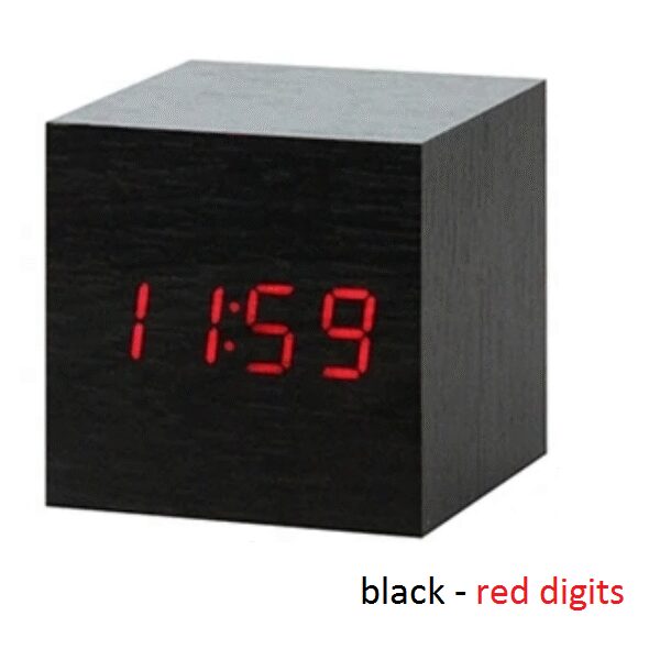 Ξύλινο επιτραπέζιο ρολόι κύβος μαύρο με κόκκινα ψηφία, απομίμηση ξύλου OEM