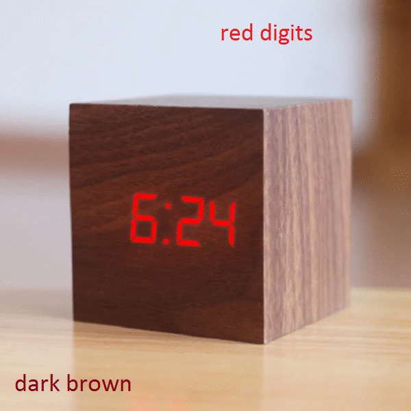 Ξύλινο επιτραπέζιο ρολόι κύβος καφέ σκούρο με κόκκινα ψηφία, απομίμηση ξύλου OEM