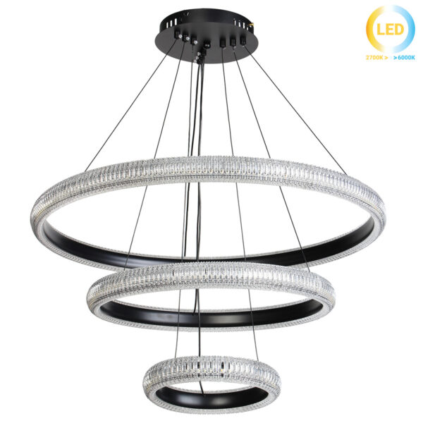 Φωτιστικό μεταλλικό κρεμαστό LED 80W Φ63-Φ43-Φ23 εκ. μαύρο με ακρυλικό - KESKOR 175902