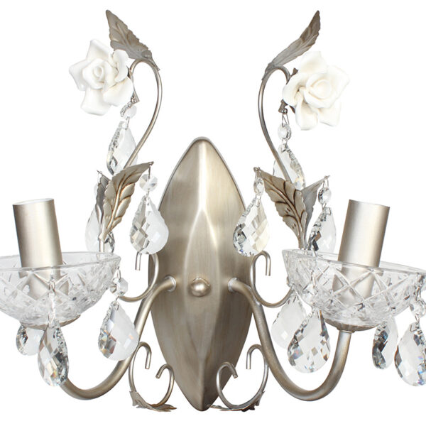 Απλίκα τοίχου μεταλλική 2 X Ε14 34Χ20Χ35 εκ. σαμπανί με κρύσταλλα και τριαντάφυλλα - KESKOR W0876/2