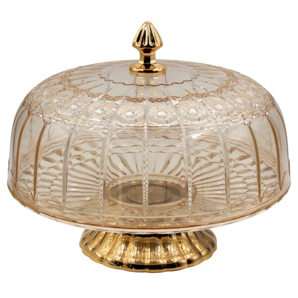 Τουρτιέρα - πιατέλα πλαστική κολωνάτη με καπάκι Φ31Χ25 εκ. μελί με χρυσό - KESKOR 42647-3