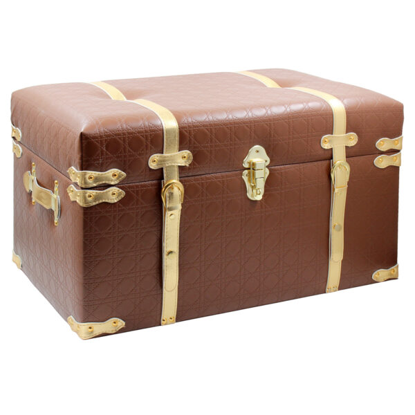 Μπαούλο αποθήκευσης ξύλινο 58Χ35Χ35 εκ. με επένδυση PU καφέ και χρυσές λεπτομέρειες - KESKOR 25203-2