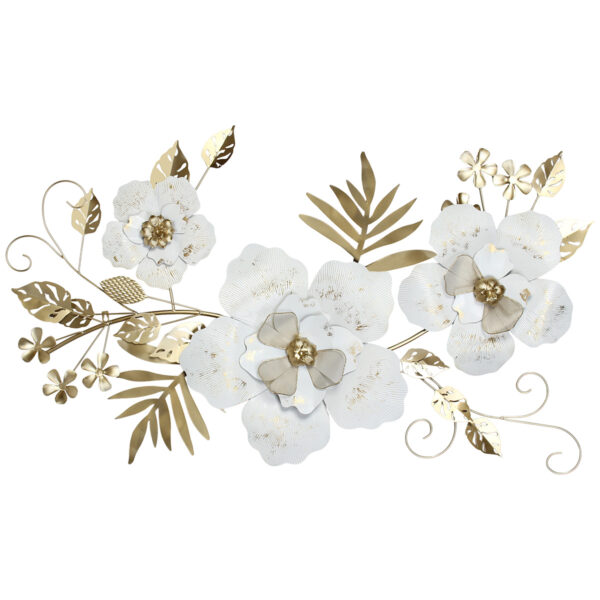 Πίνακας τοίχου μεταλλικός 130Χ72 εκ. Λευκός Χρυσός με λουλούδια και φύλλα - KESKOR 46003