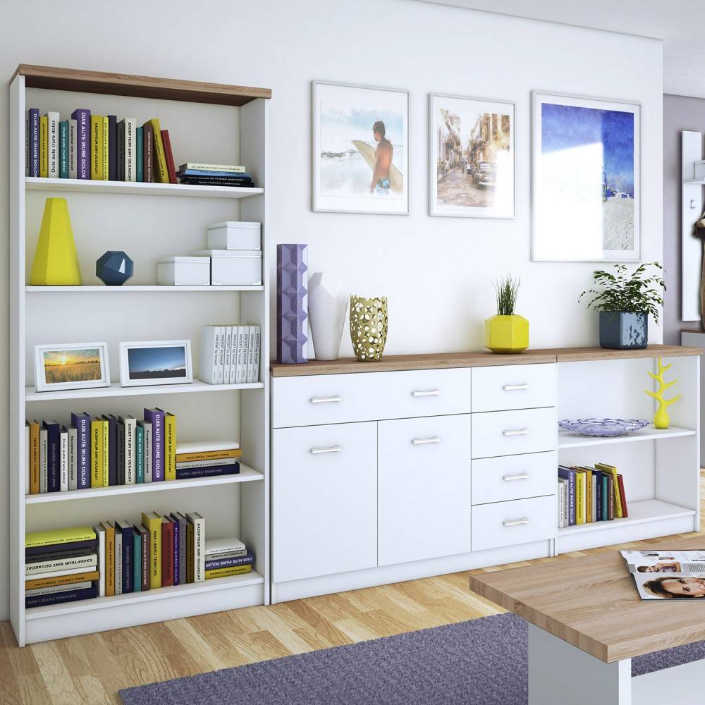 3045 Σετ μπουφέ με βιβλιοθήκες 3 τεμ. 280X33x183cm Λευκό-Sonoma - Image 1