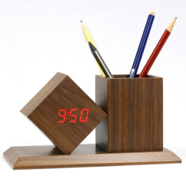 CLOCK_PEN_HOLDER_1_9344-4f Ξύλινο ρολόι με θήκη για στυλό καφέ OEM - Image 1