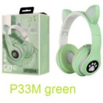 Επαναφορτιζόμενα ασύρματα ακουστικά για παιδιά με LED αυτιά γάτας πράσινα P33M OEM