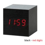 Ξύλινο επιτραπέζιο ρολόι κύβος μαύρο με κόκκινα ψηφία, απομίμηση ξύλου OEM