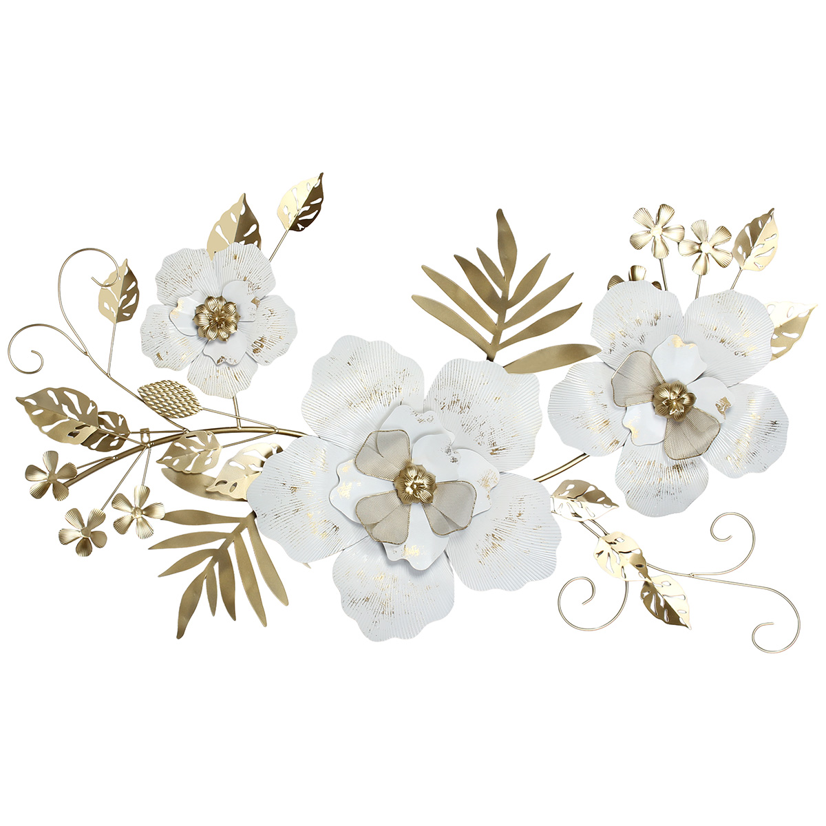 171-420 Πίνακας τοίχου μεταλλικός 130Χ72 εκ. Λευκός Χρυσός με λουλούδια και φύλλα - KESKOR 46003 - Image 1