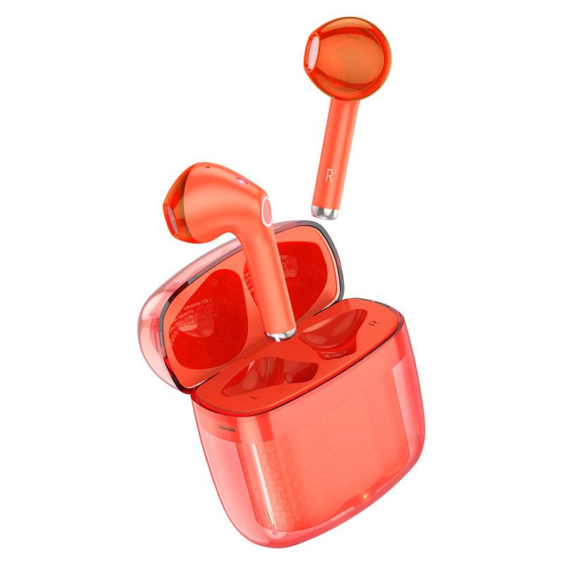 19129 HOCO EW15 CLEAR EXPLORE EARPHONES ΜΕ ΒΑΣΗ ΦΟΡΤΙΣΗΣ, VIBRANT ORANGE - Image 1