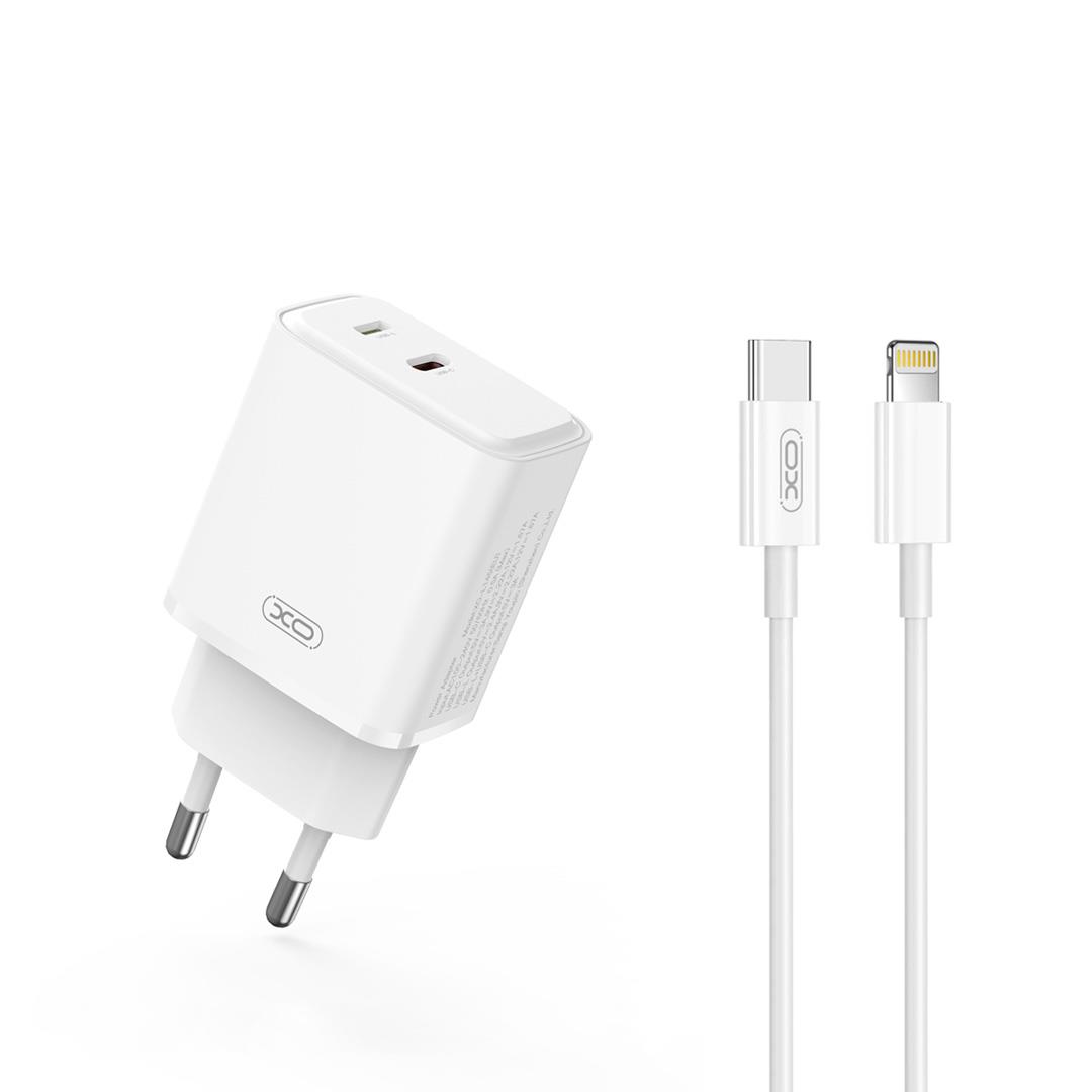 26596 XO L145 ΦΟΡΤΙΣΤΗΣ ΜΕ ΚΑΛΩΔΙΟ LIGHTNING, PD 20W USB-C + LIGHTNING , 2 ΘΥΡΕΣ, ΛΕΥΚΟΣ - Image 1