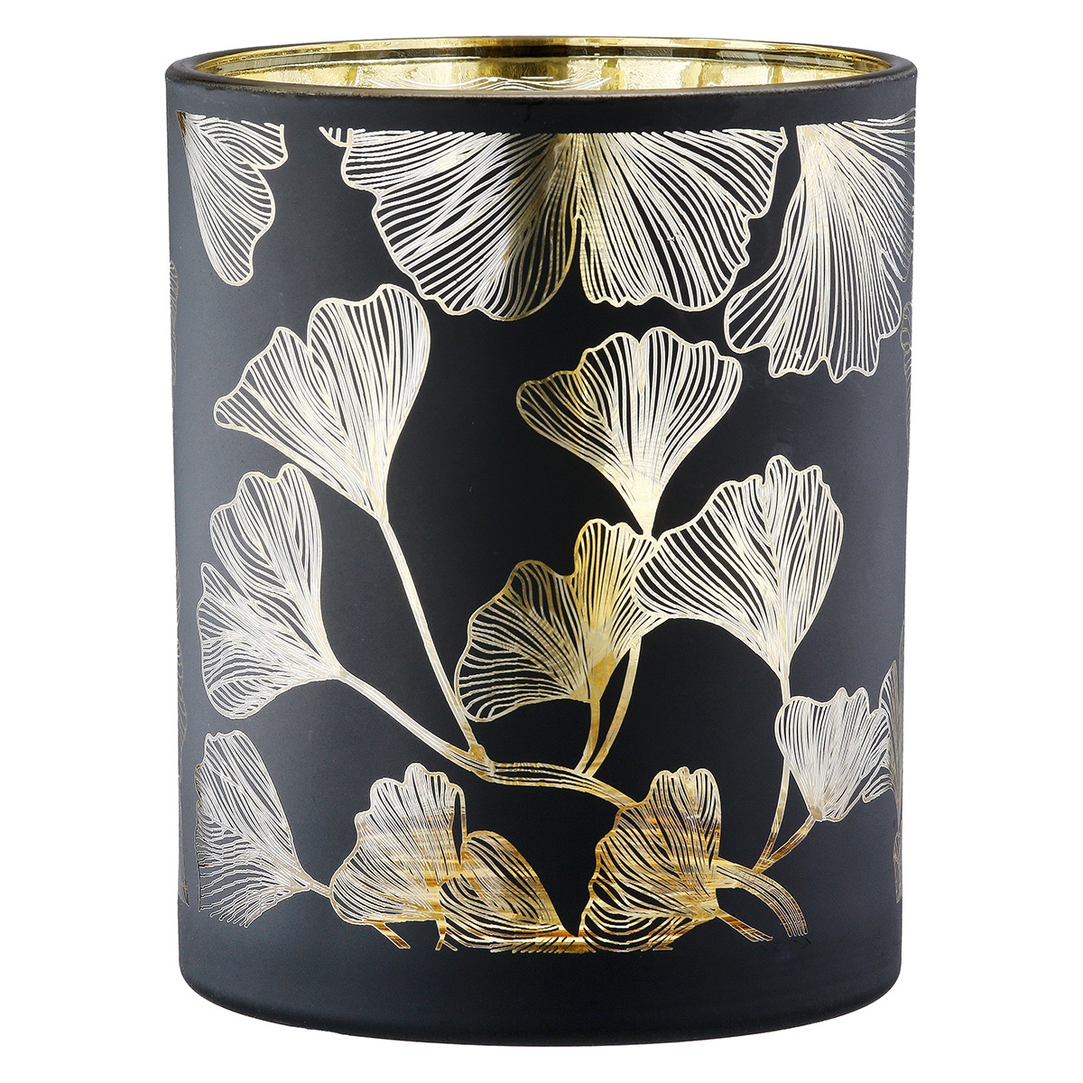 27513gilde-4 Φανάρι Καταιγίδας Cylindrical "Ginkgo" Ginkgo Motif Γυάλινο Μαύρο PU 18 H. cm D. 7 cm - Image 1