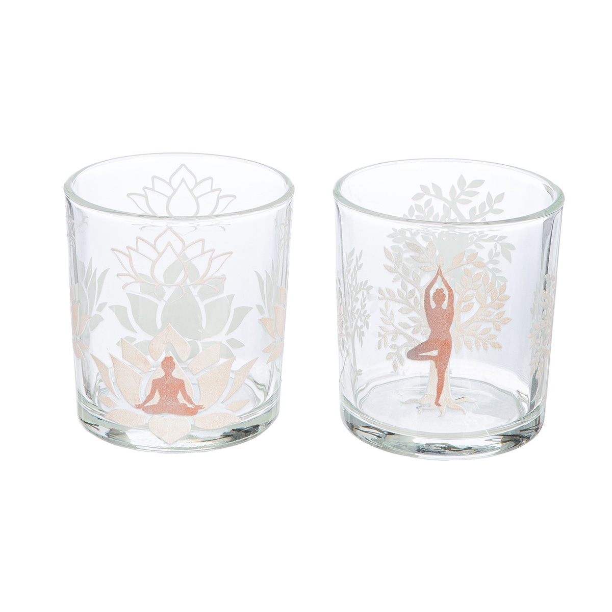 27581gilde-4 Φανάρι Καταιγίδας Cylindrical "Namaste" Δέντρο Motif Lotus Motif Yoga Motif Γυάλινο Brown Clear PU 18 Pcs. Assorted H. c - Image 1