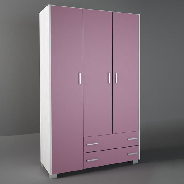Ντουλάπα παιδική τρίφυλλη χρώματος λευκό ρουστίκ-ροζ 110x50x180