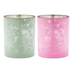 Φανάρι Καταιγίδας Cylindrical "Tropic" Leaf Motif Γυάλινο Πράσινο Pink PU Pcs. Assorted H. 125 cm D. 10 cm - Image 2