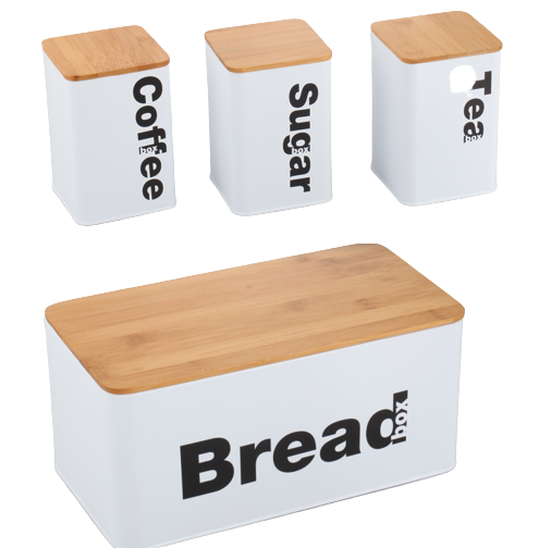 700-01207 Σετ κουζίνας 4 τεμαχίων από μέταλλο/μπαμπού σε λευκό/φυσικό φυσικό χρώμα - Image 1